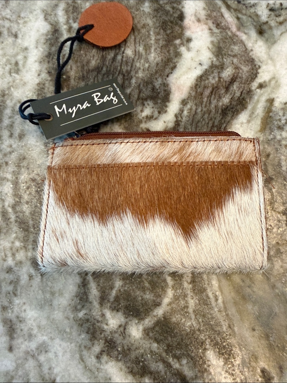 Myra Bag Brown & White Hair-On Leather Zip Wallet Card Case